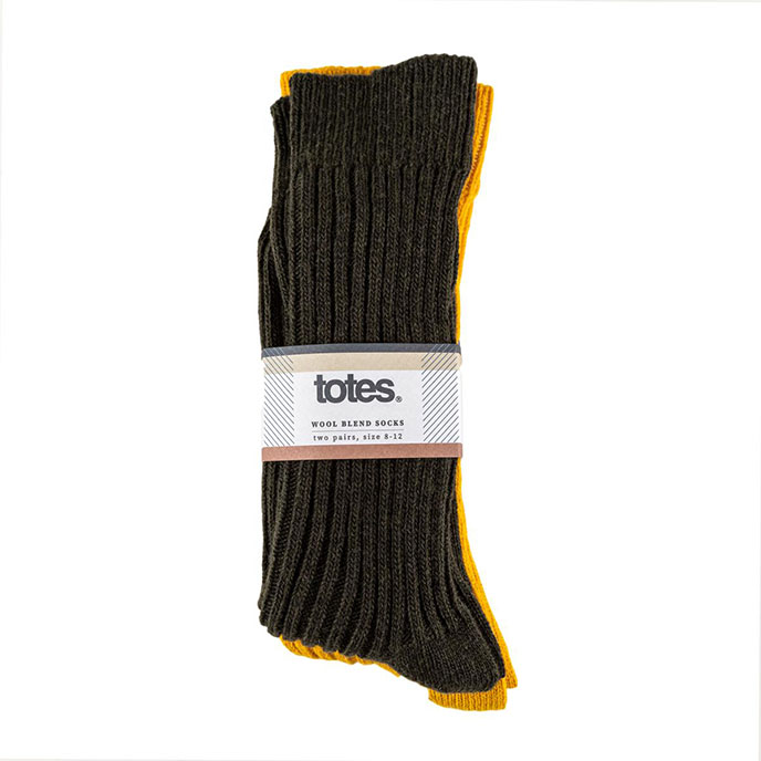 totes® Mens Twin Pack Ribbed Wool Blend Socks Mustard / Green Extra Image 1